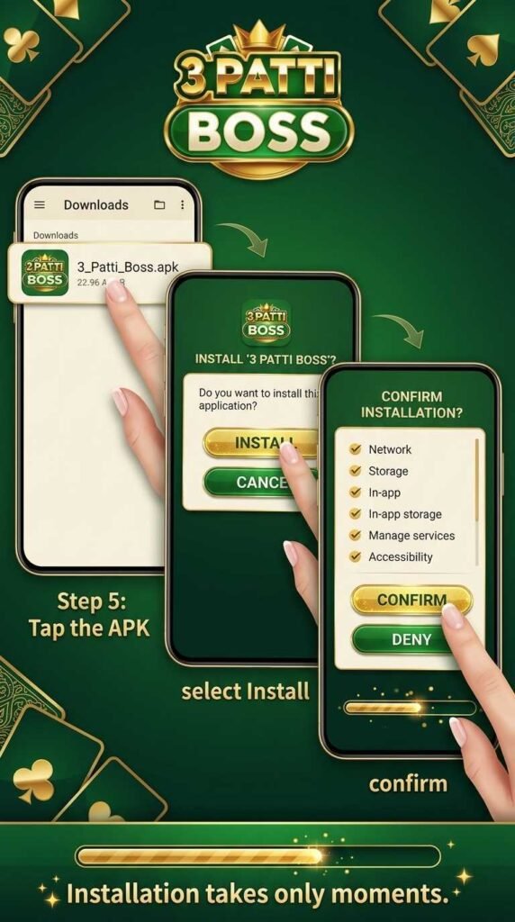 Showing how to open the Downloads folder and install the 3 Patti Boss APK